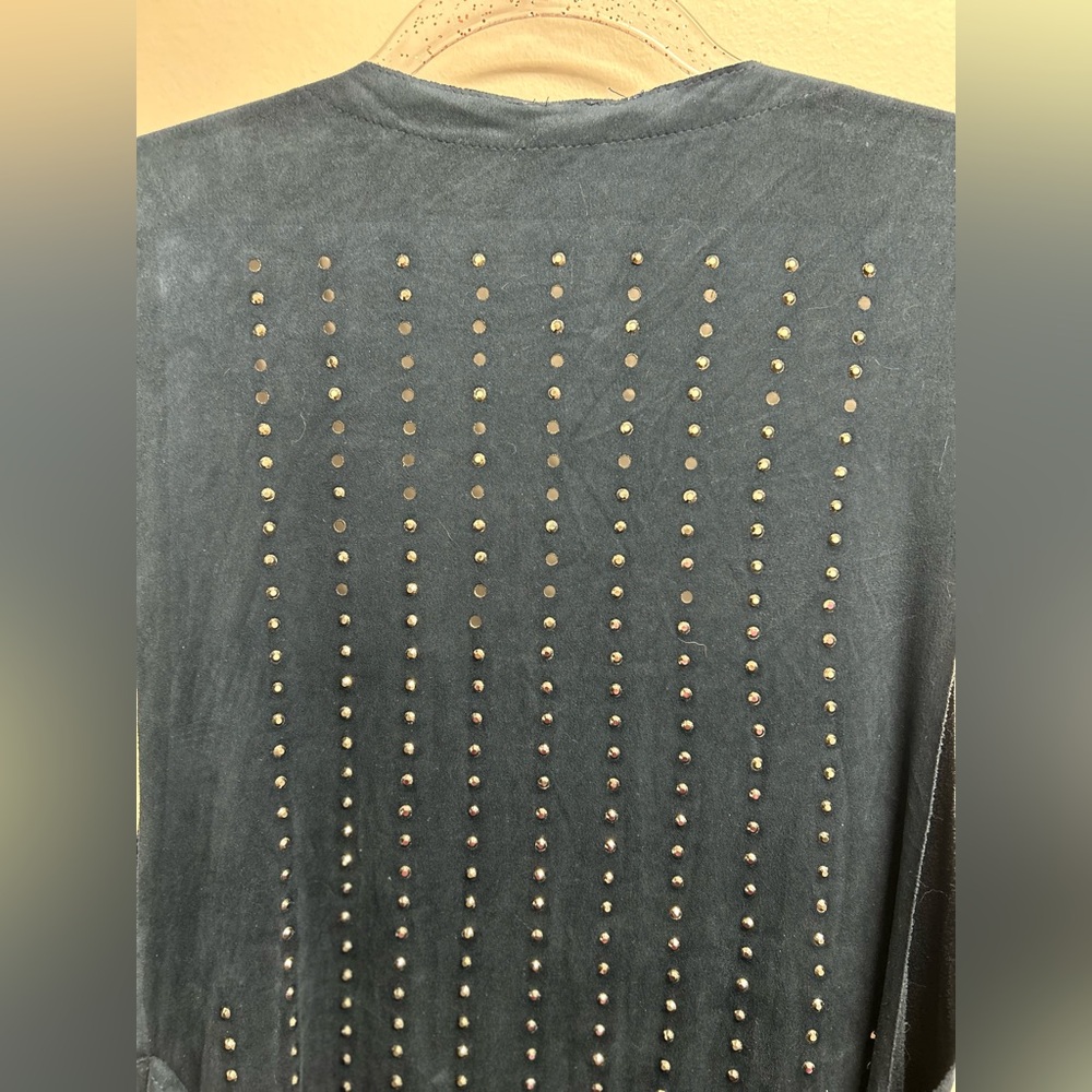 Vocal Navy Faux Suede Sleeveless Duster Vest with Rhinestone Studs - Picture 5 of 9